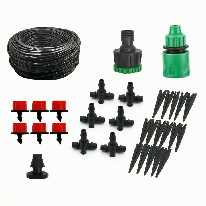 Multiple adjustable flow drippers attached to an irrigation line, providing targeted watering for garden plants.
