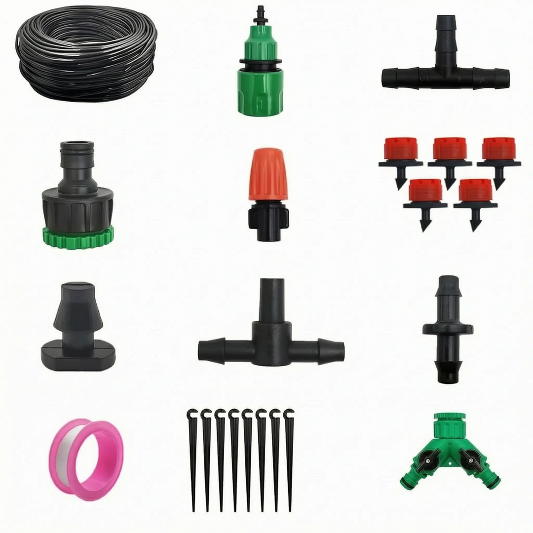 Efficient micro drip irrigation drippers ensuring consistent hydration for garden, patio, and greenhouse plants.