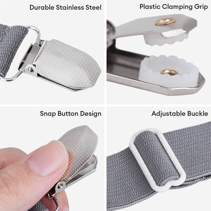 Packaging of a set of elastic bed sheet fasteners, highlighting their non-slip design