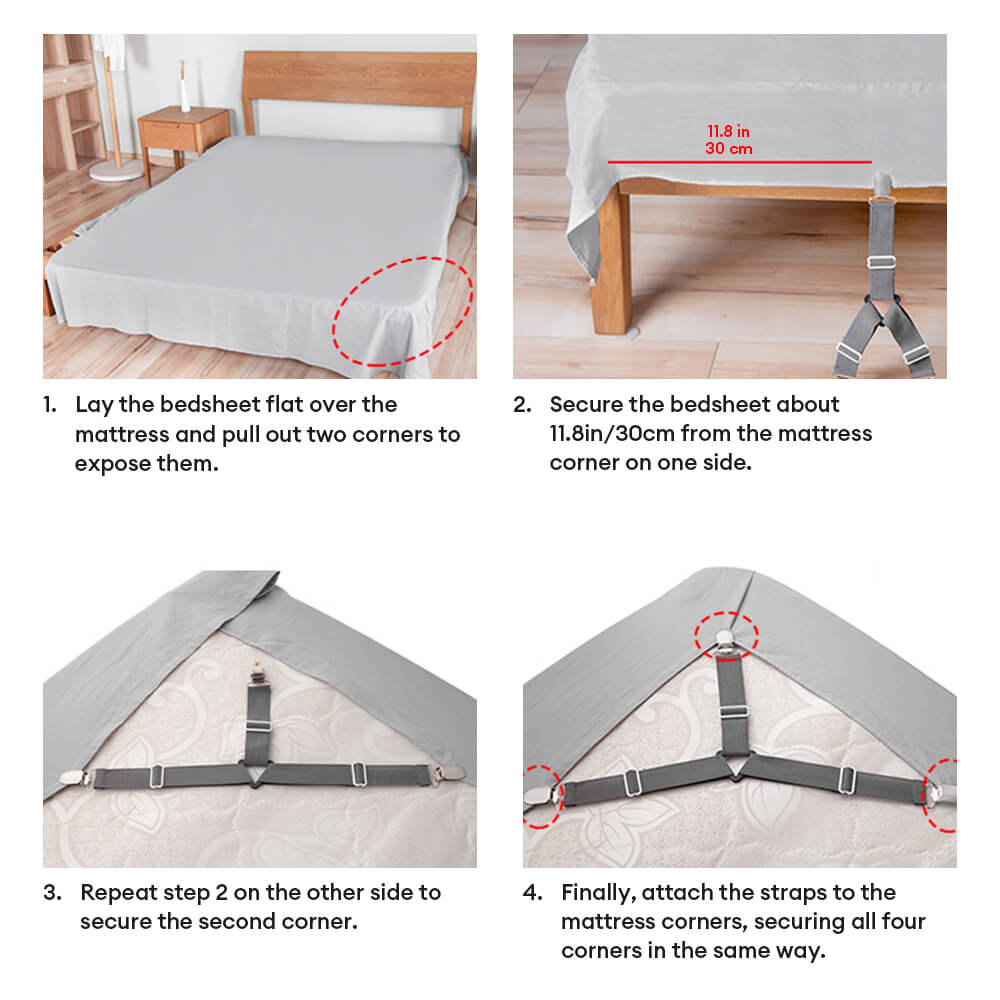 Detailed shot of the metal clip mechanism on an adjustable bed sheet strap, securing bedding