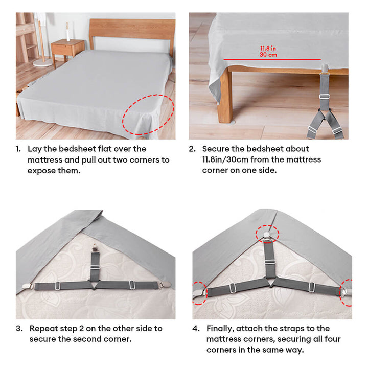 Detailed shot of the metal clip mechanism on an adjustable bed sheet strap, securing bedding
