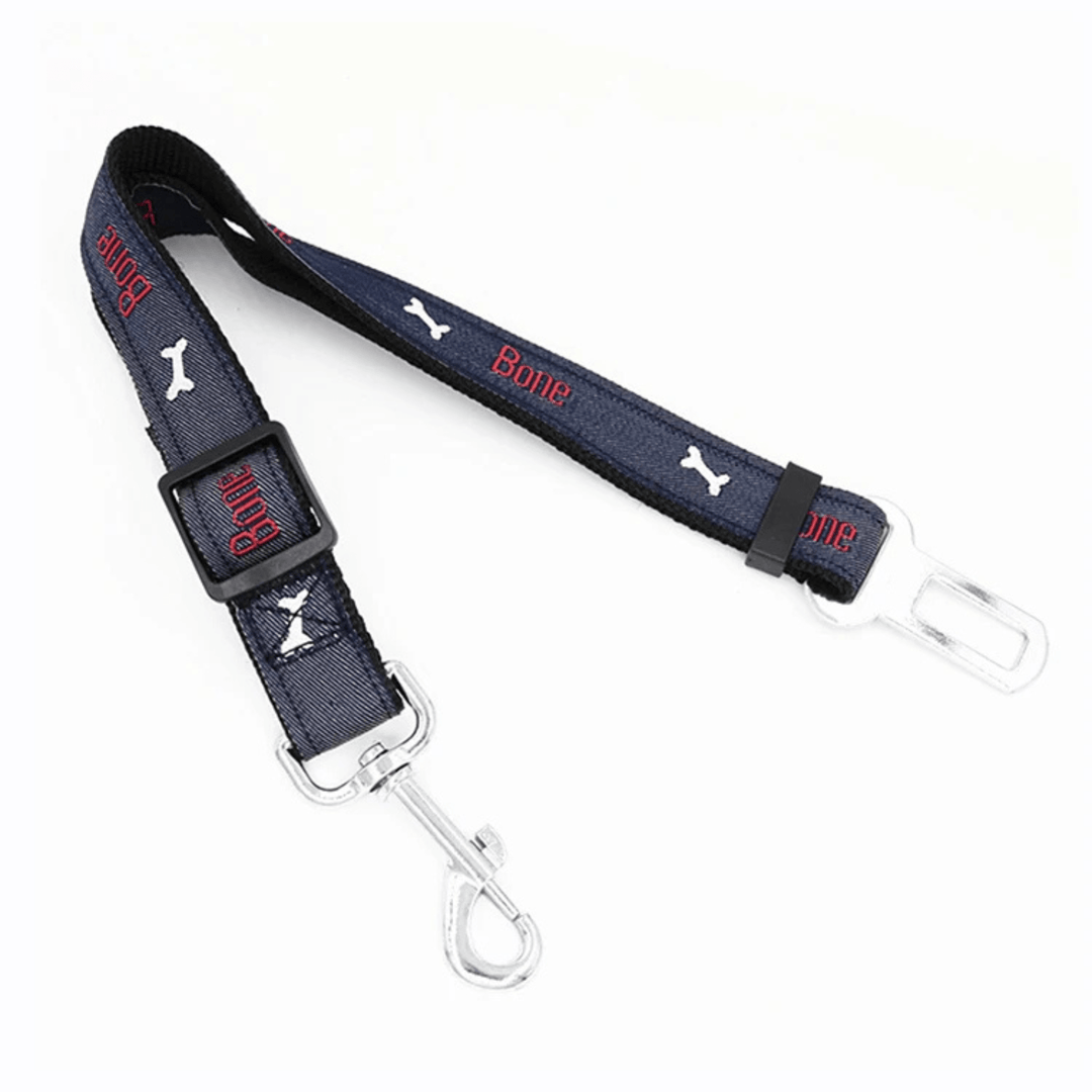 Adjustable nylon dog seat belt with metal buckle ensures pet safety during car travel