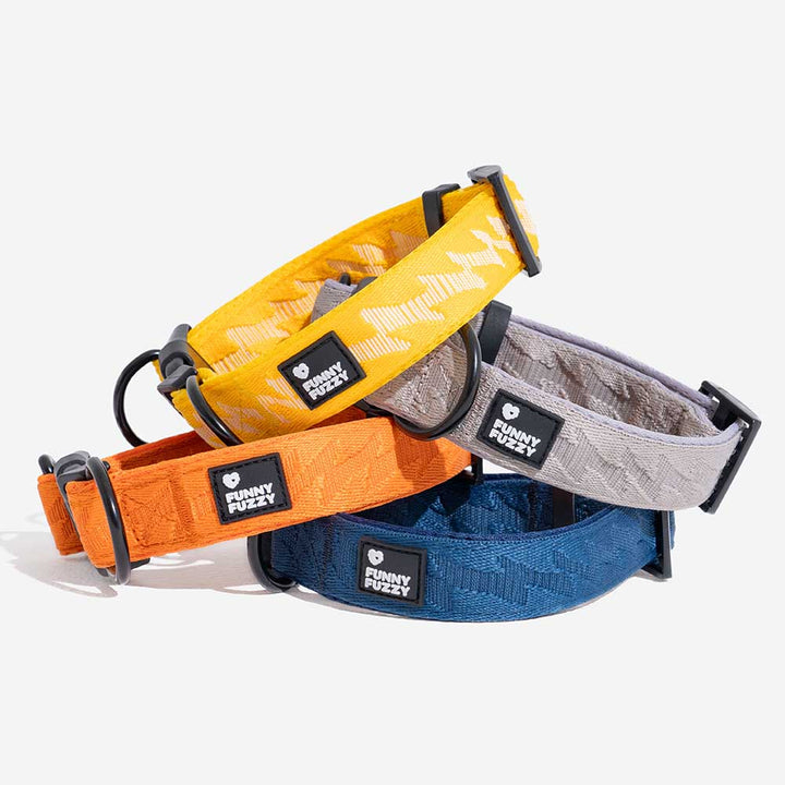Adjustable nylon reflective dog collar against a natural outdoor background. Hiking ready.