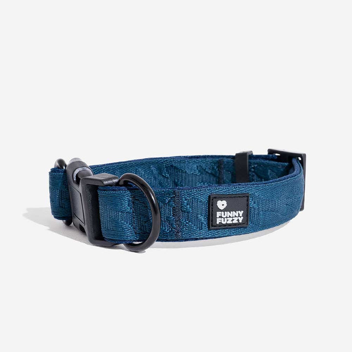Multiple adjustable nylon reflective dog collars hanging. Colorful pet supplies.