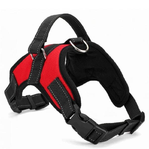 Adjustable padded dog harness in black for comfortable walks, quick-release buckles for all dog sizes.