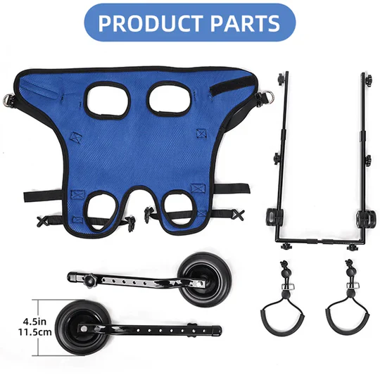 Lightweight dog wheelchair offering mobility aid for disabled pets, vet recommended, featuring adjustable design.