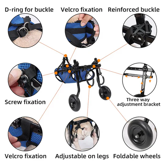 Lightweight, adjustable dog wheelchair to provide improved mobility for injured or disabled pets, vet recommended.