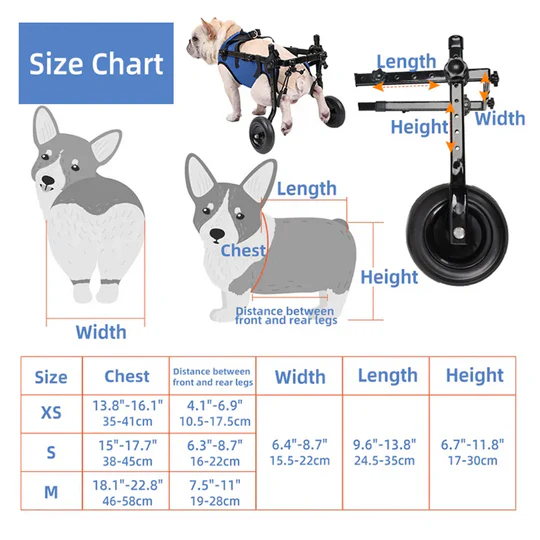 Adjustable pet wheelchair for dogs, lightweight design, offering rehabilitation and mobility for injured pets.