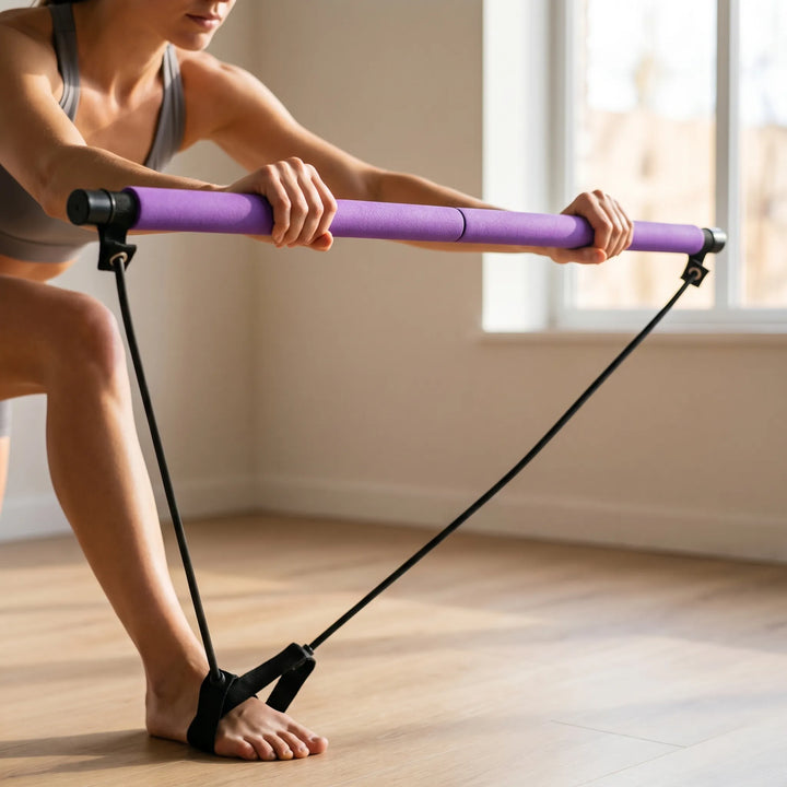 Adjustable Pilates stick for home full-body workouts, complete with resistance bands for versatile fitness.