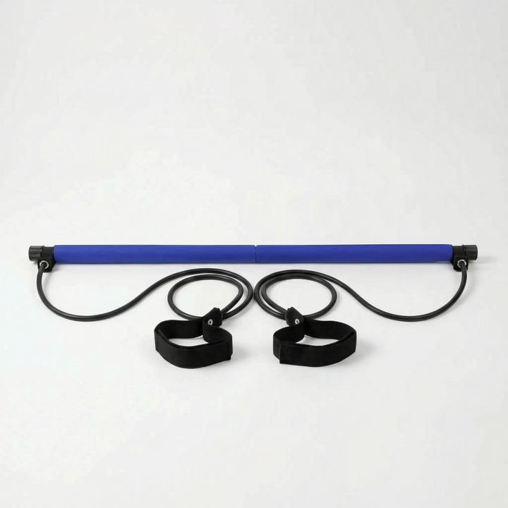 Pilates stick with attached resistance bands, ideal for full-body strength, flexibility & home exercise equipment.