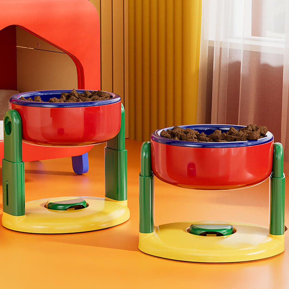 Adjustable raised pet bowl with double stainless steel dishes, anti-slip suction base, and neck protection.