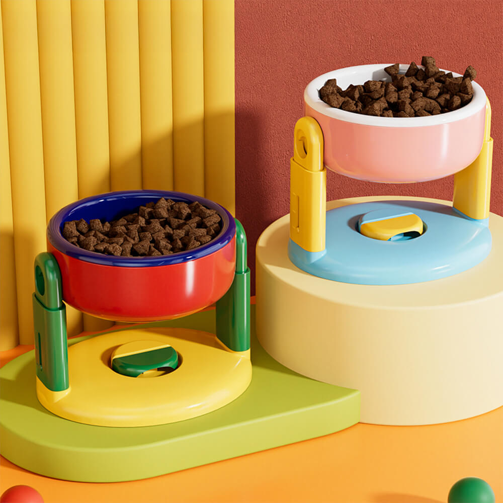 Close-up of the adjustable raised pet bowl's height mechanism, showing easy food access.
