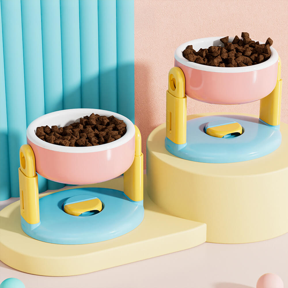 Pet supplies: Adjustable raised pet bowl setup in a modern home, promoting healthy eating posture.