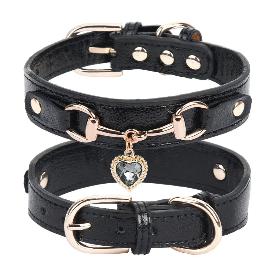 Adjustable rhinestone dog collar for small breeds, with heart detail and sparkly design