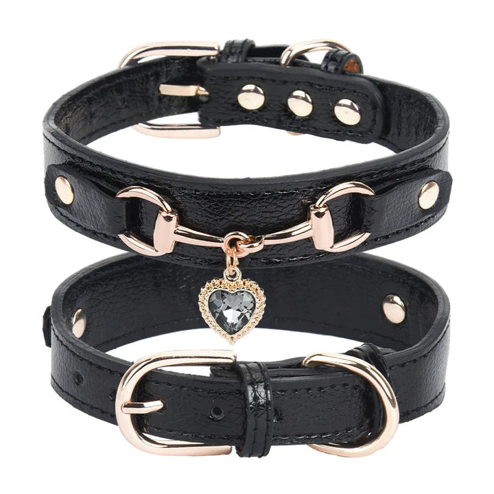 Adjustable rhinestone dog collar for small breeds, with heart detail and sparkly design