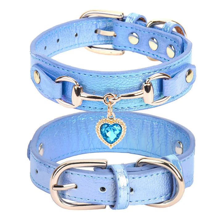 Dog collar with rhinestones, adjustable for small to medium pets, close up of heart detail