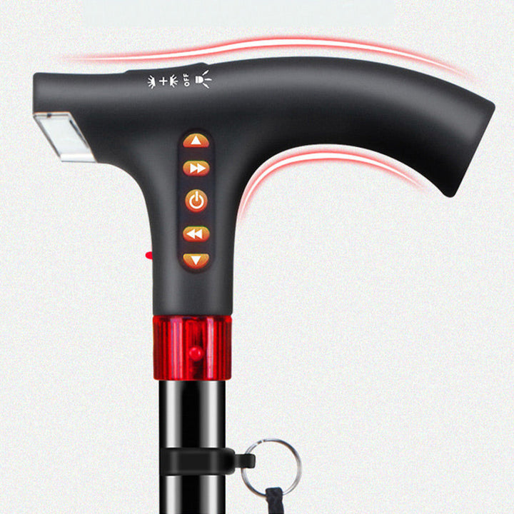 Adjustable smart walking stick with LED light, emergency alarm, and radio for elderly support.