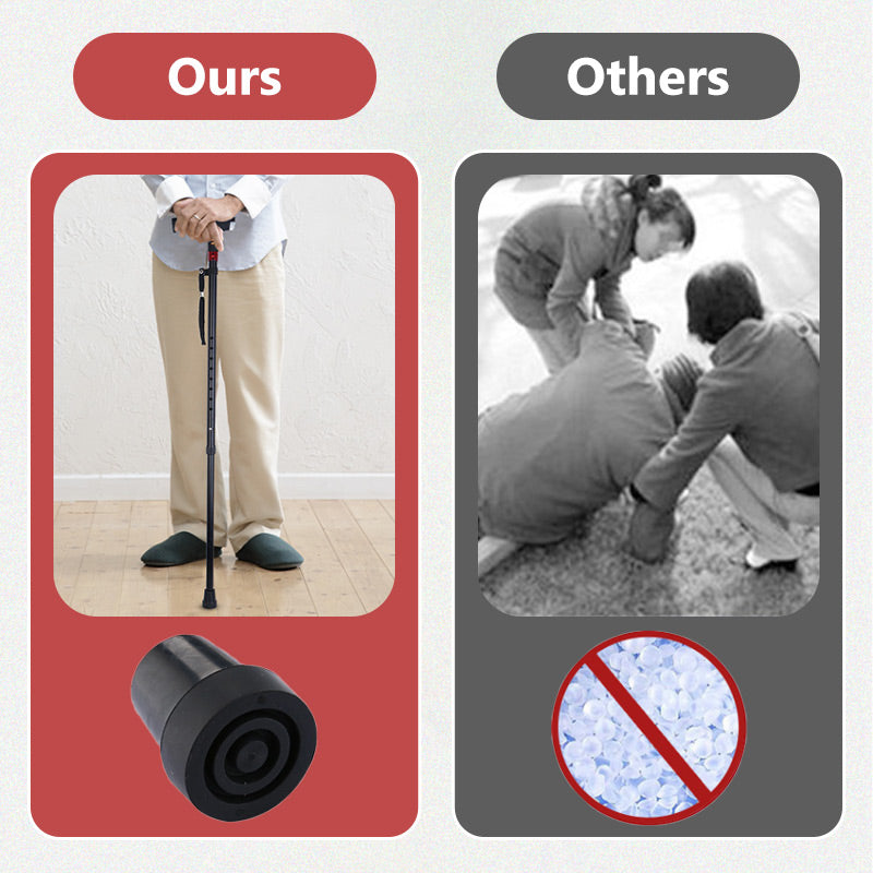 Adjustable smart walking stick featuring bright LED light, emergency alarm, and built-in radio.