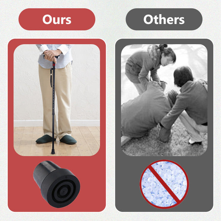 Adjustable smart walking stick featuring bright LED light, emergency alarm, and built-in radio.