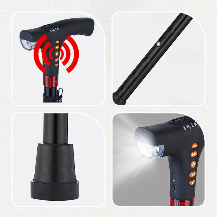 Elderly support smart walking stick with LED light, emergency alarm, comfortable grip, and radio.