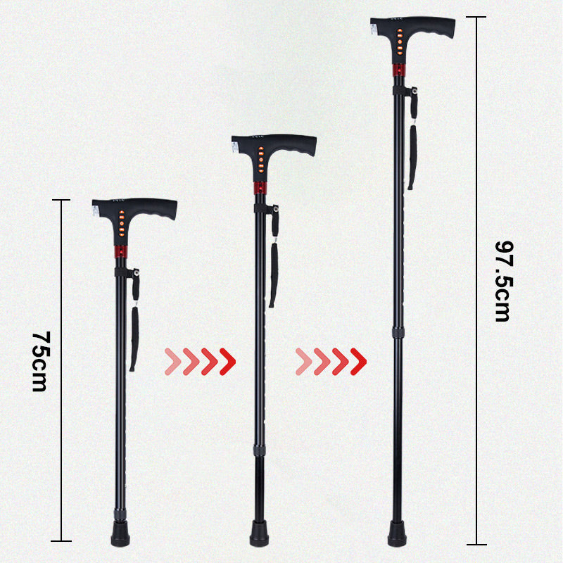 Smart cane mobility aid with bright LED light, SOS alarm, and integrated radio, providing senior care.