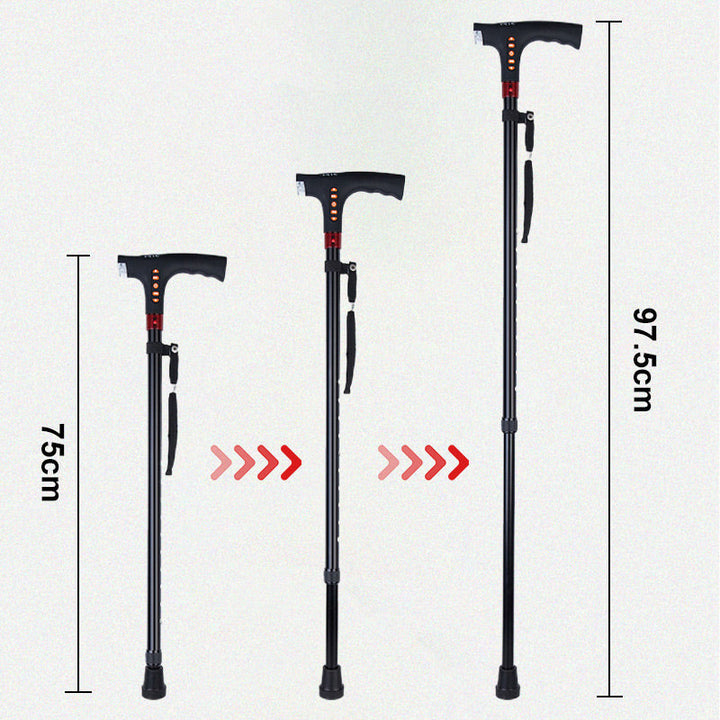 Smart cane mobility aid with bright LED light, SOS alarm, and integrated radio, providing senior care.
