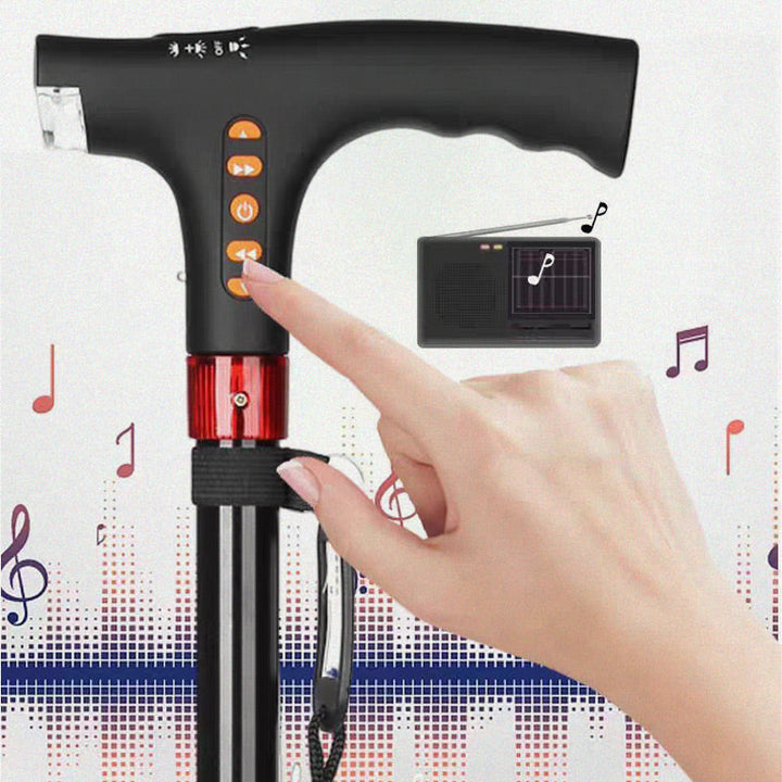 Ergonomic adjustable walking stick with LED light, emergency alarm, and radio for improved senior mobility.