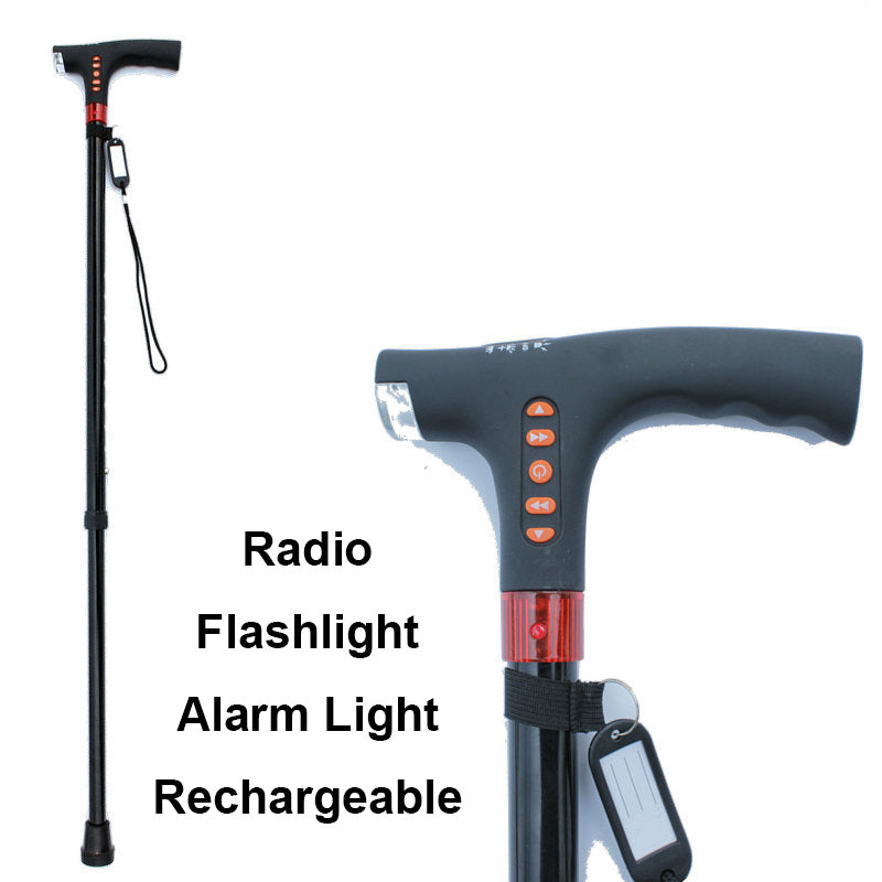 High-tech adjustable smart cane with LED light, emergency alarm, and radio for enhanced senior safety.