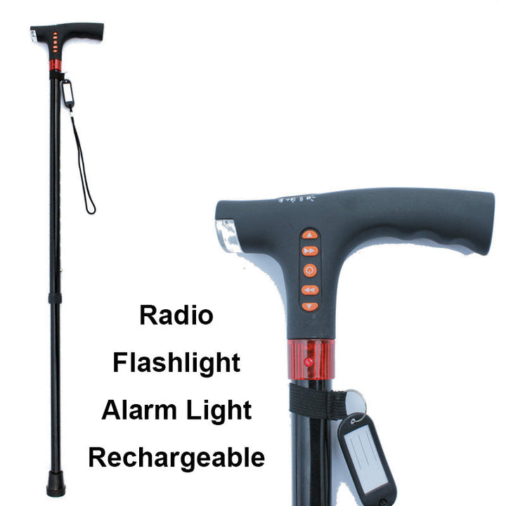 High-tech adjustable smart cane with LED light, emergency alarm, and radio for enhanced senior safety.