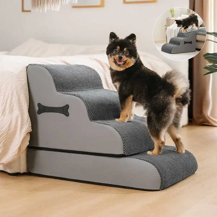 Adjustable soft non-slip pet stairs with gentle ramp for small dogs, grey fabric