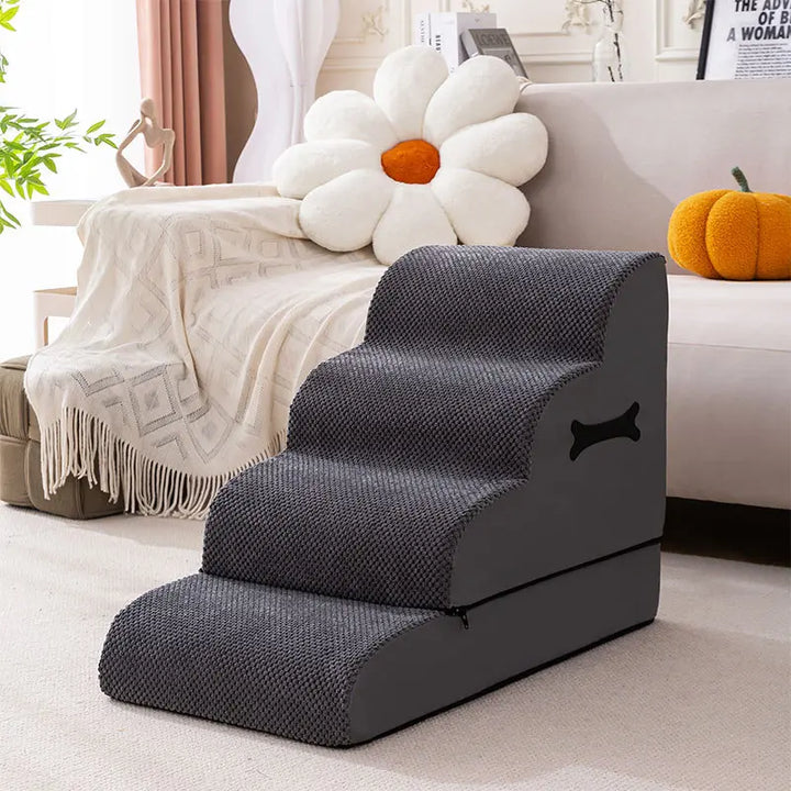 Top view of pet stairs showing soft surface and non-slip pads, ideal for senior dogs