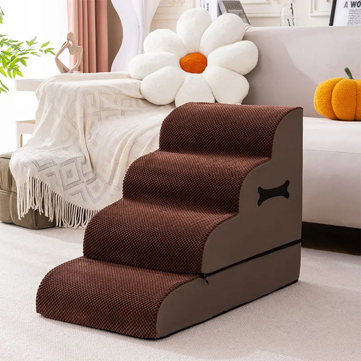 Side profile of adjustable pet stairs highlighting gentle ramp and varied height settings
