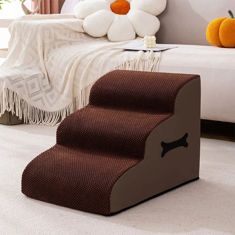Small fluffy dog descending gentle ramp of soft non-slip pet stairs, comfy and safe