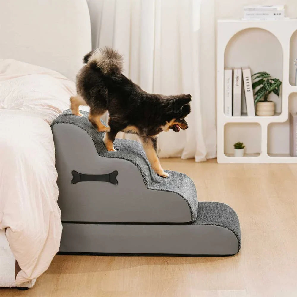 Pet owner demonstrating stability of non-slip adjustable pet stairs with gentle ramp