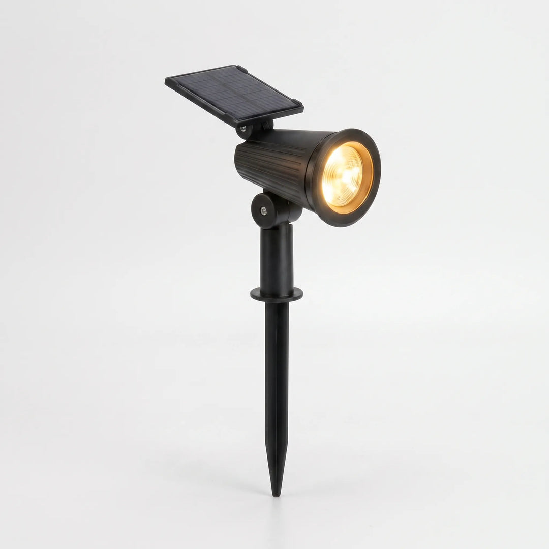 Close-up of the adjustable head on a robust outdoor solar garden spotlight.