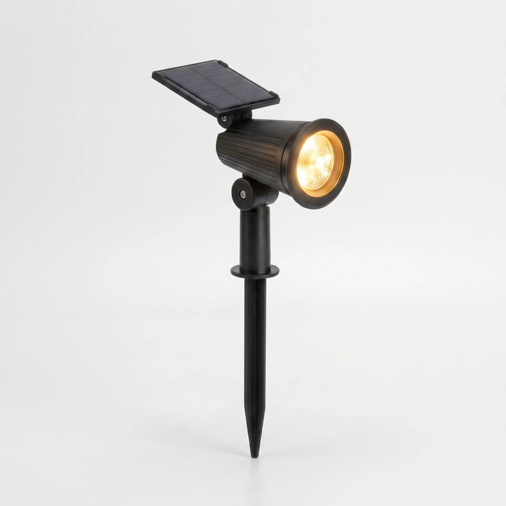 Close-up of the adjustable head on a robust outdoor solar garden spotlight.