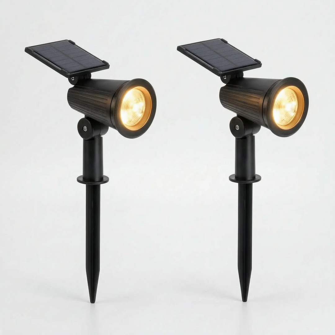 Solar LED spotlights illuminating a garden path at night, creating accent lighting.
