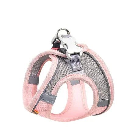 Side view of an adjustable grey pet harness, demonstrating quick-release buckles