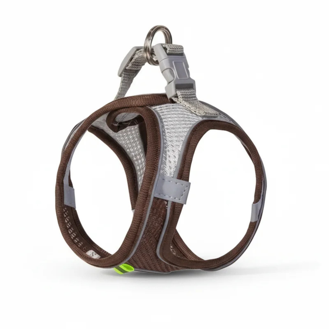 Reflective dark blue nylon pet harness for walking, with D-ring leash attachment