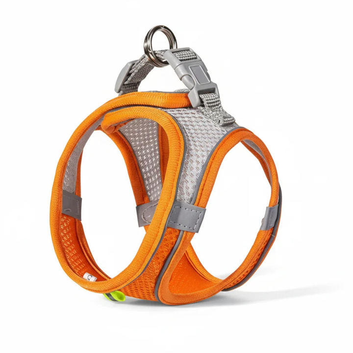 Adjustable green pet harness unbuckled, showing interior breathable lining