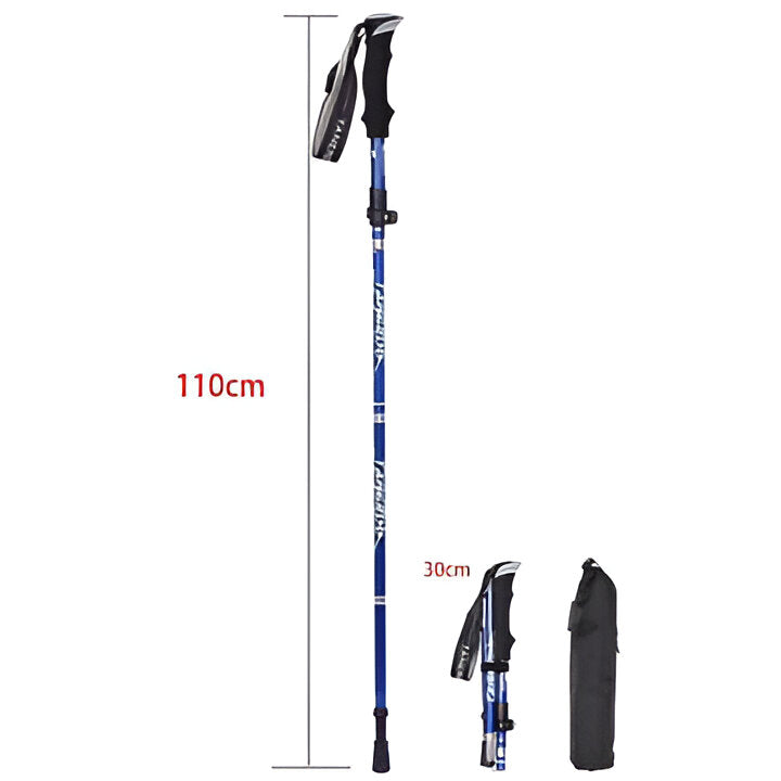 Unisex adjustable trekking poles in use on a trail, aiding a hiker. Foldable, lightweight gear for outdoor adventures.