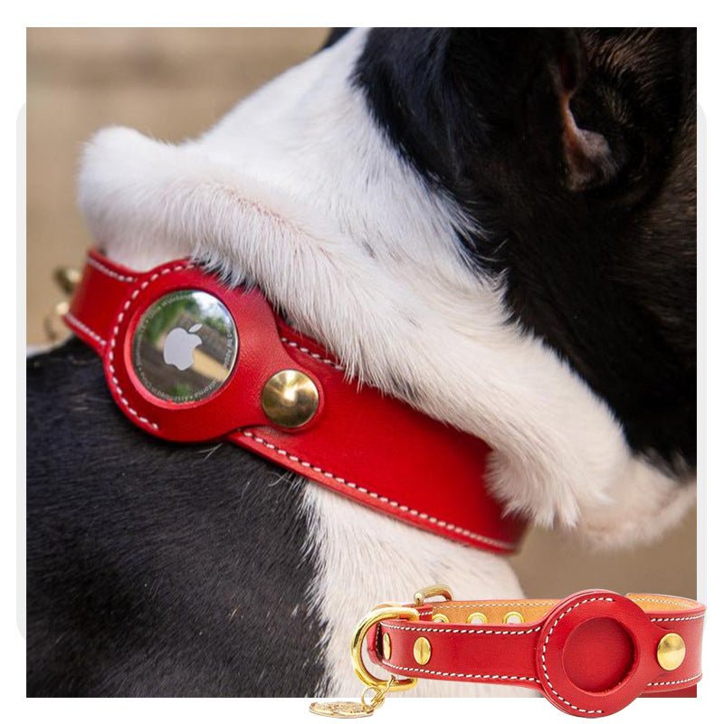 Brown waterproof leather dog collar, adjustable, with tracking device pocket for active dogs.