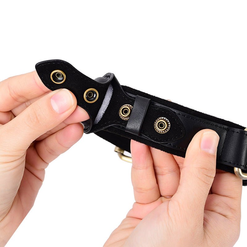 Durable pet accessory: adjustable leather dog collar with secure tracking pocket, waterproof design.