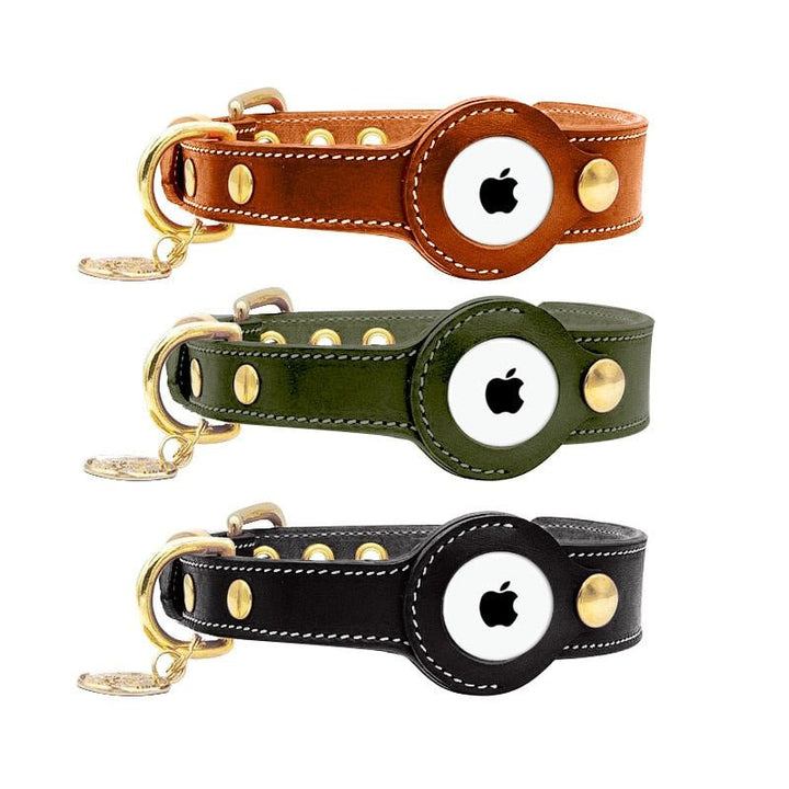 Waterproof leather dog collar, featuring an adjustable buckle and hidden tracking pocket for pet gear.
