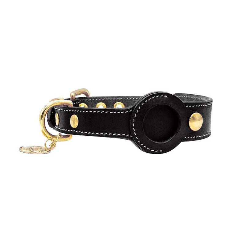 Close-up of an adjustable waterproof leather dog collar, showing the tracking pocket detail and buckle.