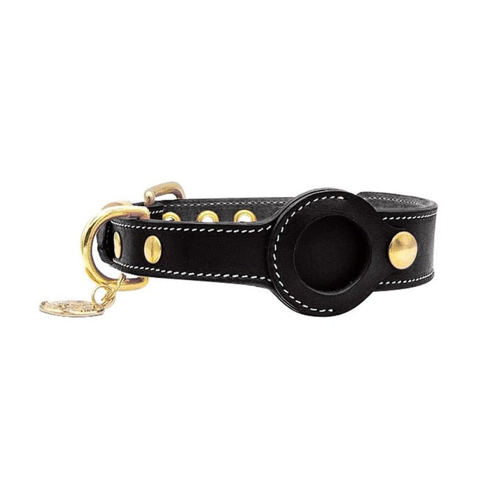 Close-up of an adjustable waterproof leather dog collar, showing the tracking pocket detail and buckle.