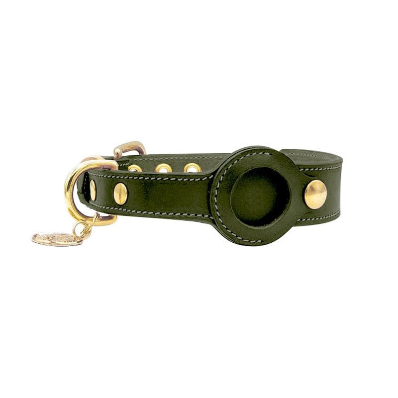 Stylish waterproof leather dog collar with integrated tracking pocket; perfect for adventurous pets.