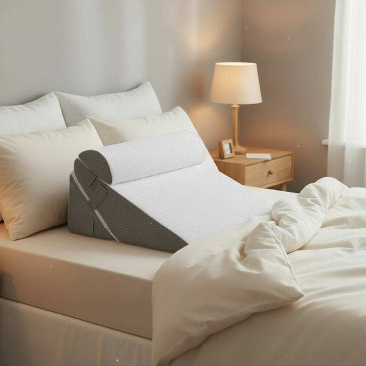 Adjustable wedge pillow for back & leg support, promoting comfort & relaxation.