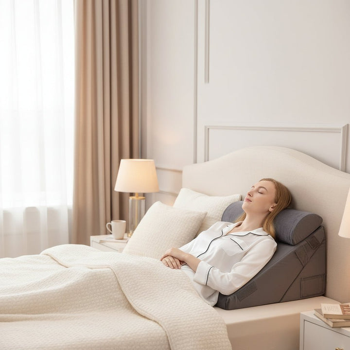 Therapeutic adjustable wedge pillow for customized back & leg support, ideal for comfort.