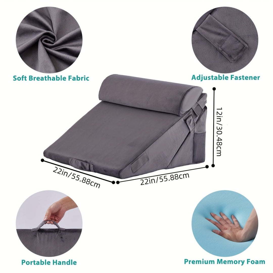 Portable adjustable wedge pillow providing therapeutic back & leg support, perfect for travel or home.